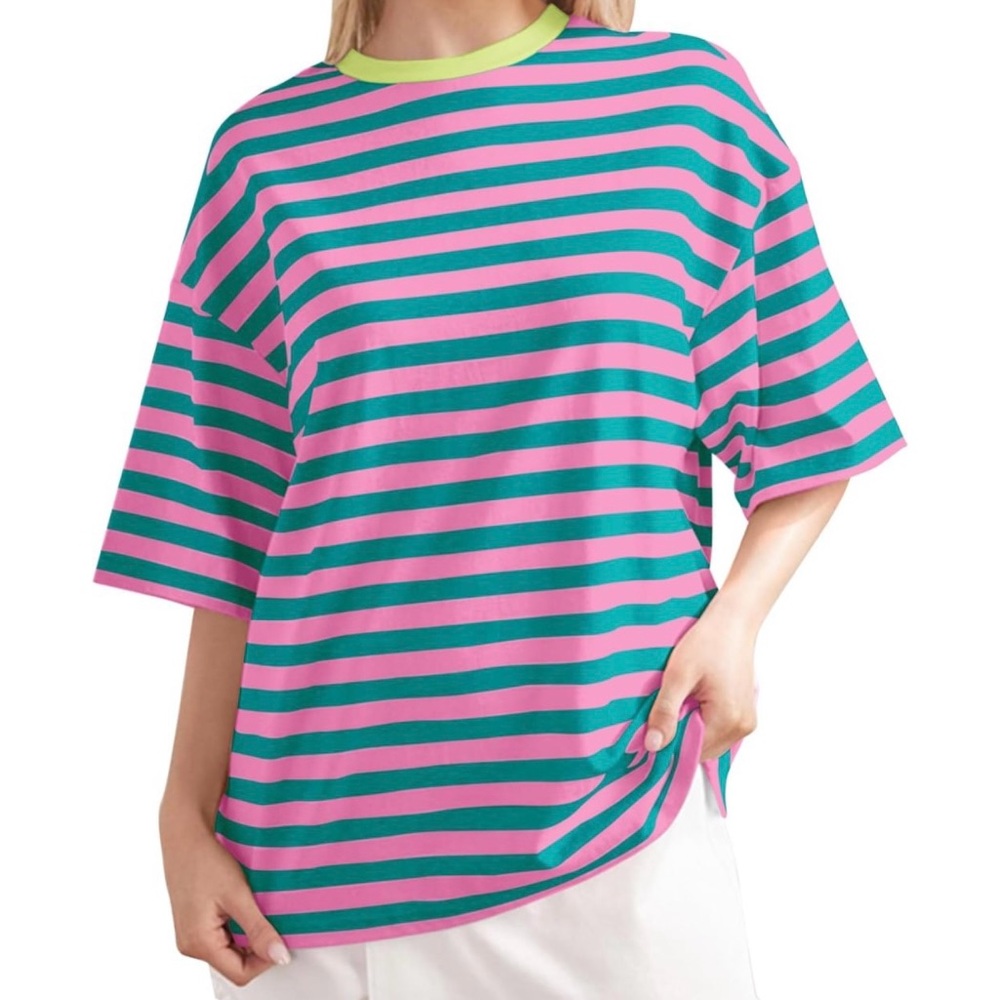 NWOT Oversized Striped Crewneck T Shirt | Neon Bright Colors (XL)